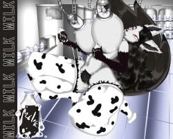 5_fingers absurd_res animal_print anthro anthrofied areola arm_tuft big_breasts black_body black_fur black_hair black_inner_ear black_lips black_nose black_pubes black_tail bodily_fluids bottle breast_milking breasts canid clothing container conveyor_belt cow_print cowprint_leggings cowprint_lingerie curvy_figure dairy_products detailed_background digital_media_(artwork) ear_piercing ear_ring factory female fingers food fur generation_3_pokemon genital_fluids genitals grey_areola grey_body grey_fur grey_nipples guilt_me hair hi_res holding_bottle holding_container holding_object huge_breasts hyena inside kneeling lactating legwear lips long_hair looking_pleasured machine mammal mature_anthro mature_female mightyena milfyena milk milk_bottle milk_container milk_drip milk_tank milking_machine mostly_nude navel nintendo nipples open_mouth piercing pokemon pokemon_(species) pokemorph pubes pussy pussy_juice red_eyes ring_piercing smile solo stockings tail teeth thick_thighs thigh_highs thigh_tuft tuft voluptuous wide_hips yellow_sclera