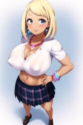 ai_generated big_ass big_breasts bimbo bimbofication blonde_hair blue_eyes cleavage crop_top curvy delinquent gyaru hand_on_hip happy miniskirt model my_hero_academia nai_diffusion ochako_uraraka pinup plaid plaid_skirt plain_background pose puffy_nipples school_uniform schoolgirl shoes skirt stable_diffusion tan_body tan_skin