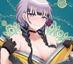 big_breasts blue_eyes breasts cleavage gloves hololive hololive_indonesia kimono kimono_down landacdeus large_breasts light-skinned_female light_skin pavolia_reine silver_hair sweat sweating virtual_youtuber