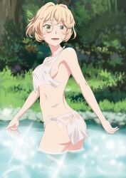 ass bathing blade_(redo_of_healer) blonde_hair blush breasts charka charka_(navaljin) female green_eyes high_resolution in_water looking_at_viewer medium_breasts outdoors redo_of_healer shiny shiny_hair shiny_skin short_hair sideboob solo very_high_resolution wet wet_clothes