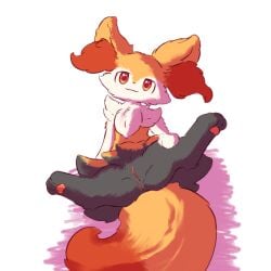 1:1 anthro black_body black_fur black_nose braixen ears_up feet female fur hi_res inner_ear_fluff mrcat11 nintendo orange_eyes orange_tail paws pokemon pokemon_(species) spread_legs spreading tail toes tuft white_body white_fur yellow_body yellow_fur