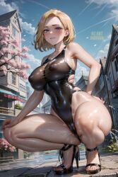 1girls ai_art_panwho ai_generated android_18 big_breasts bikini blonde_hair blue_eyes blush curvaceous curvy curvy_figure dragon_ball dragon_ball_z erect_nipples erect_nipples_under_clothes female heels high_heels high_resolution highres latex_suit leotard looking_at_viewer medium_hair nipple_bulge open_toe_shoes short_hair skin_tight squatting voluptuous voluptuous_female wet