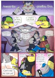 2023 absurd_res alligator alligatorid anthro belly blush bodily_fluids bottomwear bound brok_(brok_the_investigator) brok_the_investigator bulge chair closed_eyes clothed clothing comic crocodilian detailed_background dialogue duo english_text erection erection_under_clothing fur furniture grey_body grey_fur hi_res humanoid_hands kemono male male/male mammal murid murine nakadashimashta pants rat reptile rodent rope scalie shirt slightly_chubby solo squealers_chief sweat text topwear