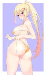 ass ass_focus bikini blonde_hair blue_eyes blush bra breasts darkness_(konosuba) female gold_bikini hair_ornament highres huge_ass huge_breasts kippuru kono_subarashii_sekai_ni_shukufuku_wo! large_breasts long_hair source_request swimsuit thick_thighs thighs thong thong_bikini underwear x_hair_ornament