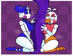 1boy 2girls 2girls1boy assisted_fellatio ballora ballora_(fnafsl) checkered_background chicken crushtrap fellatio five_nights_at_freddy's five_nights_at_freddy's:_sister_location funtime_chica_(fnaf) hand_on_thigh kneeling long_penis oral_sex purple_guy_(fnaf) thick_thighs