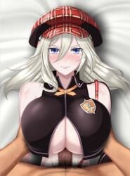 1boy 1girls alisa_ilinichina_amiella alternate_breast_size alternate_version_at_source animated aroused bed big_breasts blue_eyes blush bouncing_breasts breast_grab breast_hold breasts breasts_out cleavage clothed_sex color dark-skinned_male embarrassed engulfing_paizuri female god_eater hat huge_breasts juno_(pixiv32541104) large_breasts long_hair looking_at_viewer male on_back on_bed paizuri paizuri_lead_by_male pale-skinned_female pale_skin penis pov pov_eye_contact pov_paizuri pubic_hair questionable_consent sex shorter_than_10_seconds shorter_than_30_seconds sound straddling straddling_paizuri straight sweat teenage_girl teenager thrusting tip_peeking underboob video white_hair