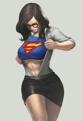 1girls artist_request big_breasts black_hair breasts clara_kent curvy curvy_female curvy_figure dc dc_comics female female_only glasses kryptonian light-skinned_male rule_63 skirt solo straight_hair supergirl superheroine superman_(series) superwoman tight_clothing wide_hips