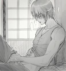 blush breath censored erection gintama headband llemonyyyy male male_only masturbation monochrome official_alternate_costume open_pants pants_down penis penis_out precum profile samurai shirt_up sitting sketch solo sweat takasugi_shinsuke vest