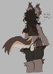 anthro anthro_only ass balls bodily_fluids canid canine canis clothed clothing clothing_lift crop_top genitals hair hi_res hybrid long_hair looking_away male male_only mammal mmhorrors shirt solo sweat sweaty_butt tail text thong_straps topwear wings wolf