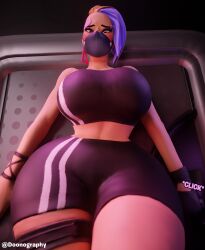 3d big_breasts blush bob_cut catalyst_(fortnite) clothed clothed_female clothing curvy dark_room detailed_background dominant doonography earrings eyebrow_piercing female fortnite fortnite:_battle_royale girl horny hourglass huge_breasts in_heat indoors looking_at_viewer lust lustful_gaze mask mini_giantess on_back on_table pov purple_hair shaved_side solo sports_bra sportswear tall thick_thighs warm_colors white_skin