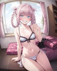 ai_generated blue_eyes blush bra breasts call_of_the_night inviting inviting_to_sex looking_at_viewer nanakusa_nazuna naughty_face panties pink_hair small_breasts vampire whirlpai yofukashi_no_uta