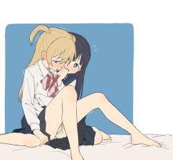 2girls akebi-chan_no_serafuku akebi_komichi black_hair blonde_hair blue_eyes blush brown_eyes coldcat. ear_blush fingering fingering_partner highres kizaki_erika long_hair lower_teeth_only multiple_girls parted_lips sweat teeth tongue trembling yuri