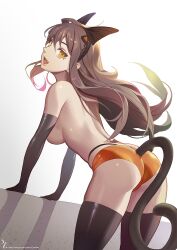 1girls ass back bent_over breasts brown_hair cat_ears cat_tail costume female female_only gloves kakiman leaning leaning_forward light-skinned_female light_skin long_hair looking_at_viewer looking_back open_mouth original_character short_shorts shorts sideboob solo solo_female tail thighhighs thong