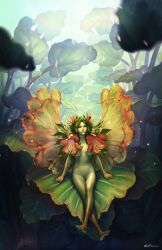 1girls belly belly_button breasts fairy fairy_wings feet female female_only flower flower_in_hair green_hair green_skin kakiman leaf leaf_hair legs looking_at_viewer monster_girl nature nipples sitting solo solo_female