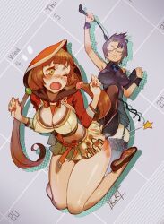 2girls belly belly_button breasts brown_hair cleavage female female_only glasses hood kakiman light-skinned_female light_skin miniskirt nipples_visible_through_clothing open_mouth original_character original_characters painted_nails punishment purple_hair riding_crop tears thighs whip whip_marks