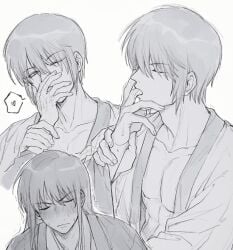 2boys blush closed_eyes finger_in_mouth finger_sucking gay gintama katsura_kotarou kimono licking llemonyyyy male male_only monochrome multiple_views one_eye_closed sexually_suggestive sketch spoken_heart sweat takasugi_shinsuke trembling upper_body wrist_grab yaoi