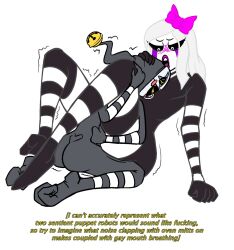 blush bow_ribbon close closed_eyes five_nights_at_freddy's fnaf freddy_fazbear's_pizzeria_simulator gay gay_anal gay_sex hugging_legs marionette_(fnaf) open_mouth pink_ribbon puppet_(fnaf) rule_63 scottgames security_puppet_(fnaf) sex stripes thrusting tremble_lines trembling white_background white_hair