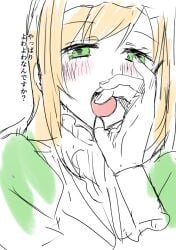 1girls artist_request blonde_hair clarissa_snowflake clothing fellatio_gesture female female_only green_eyes japanese_text long_hair looking_at_viewer oral_invitation sakura_taisen sakura_wars sega sexually_suggestive shin_sakura_taisen solo translation_request