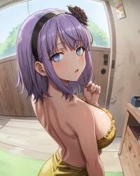 1girls ai_generated back backless_dress bare_breasts bare_shoulders breasts dagashi_kashi dress female large_breasts looking_back purple_eyes purple_hair shidare_hotaru whirlpai