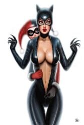 2girls artist_request assisted_undressing batman_(series) big_breasts bodysuit catwoman cleavage curvy curvy_figure dc dc_comics female female/female female_only gotham_city_sirens harley_quinn harley_quinn_(classic) latex_suit light-skinned_female multiple_girls open_mouth surprised_expression tight_clothing unzipping_bodysuit villain villainess wide_hips yuri