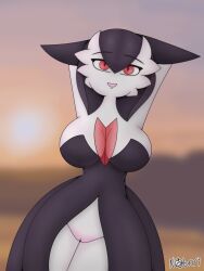 2022 absurd_res anthro anthro_only big_breasts black_hair breasts cleavage clothed clothing dress female gardevoir generation_3_pokemon genitals hair hands_behind_head hi_res humanoid looking_at_viewer mega_evolution mega_gardevoir nintendo no_underwear nobori open_mouth pokemon pokemon_(species) pussy red_eyes signature solo