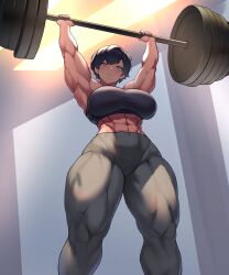 1girls abs absurdres breasts clothed female female_only gadthegod gym_uniform highres huge_breasts lifting_weights muscles muscular muscular_female simple_background solo solo_female weightlifting weights workout_clothes