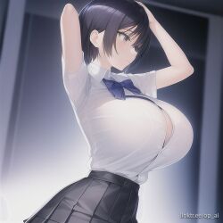 1girls ai_generated black_hair black_skirt bowtie huge_breasts light-skinned_female light_skin op_ai pleated_skirt school_uniform schoolgirl shirt short_hair skirt solo white_shirt