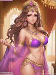 1girls ai_generated bare_shoulders bikini brown_eyes brown_hair cleavage crown earrings female female_only jewelry jewels large_breasts looking_at_viewer navel necklace neckless original original_character princess purple_bikini see_through shmebulock36 solo underwear