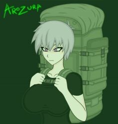 animated arozura_(artist) artist_name artist_signature backpack big_boobs big_breasts boobs breasts color colored female gif gray_hair grey_hair nipple_piercing purple_eyes signature tagme unknown_character