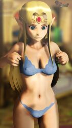 1girls 3d 3d_(artwork) aqua_eyes bikini blue_bra blue_panties bra breasts cleavage covered_erect_nipples earrings female female_only legs light-skinned_female light_skin lingerie lips long_hair medium_breasts navel nintendo panties platinum_blonde_hair pointy_ears princess princess_zelda solo the_legend_of_zelda thighs triforce_earrings underwear virtualblueam2 zelda_(a_link_between_worlds)