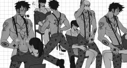 abs black_and_white blush chair facial_hair female flower flower_in_mouth flustered lap_dance lapdance male male_focus one_piece shirtless shirtless_(male) suspenders sweating tattoo tattoos touching_body trafalgar_law yoleviii