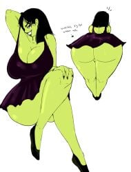 1girls arm_behind_head armpits ass_focus banjo-kazooie big_ass big_breasts black_dress black_fingernails black_hair cleavage dress game_over_gruntilda green_body green_skin gruntilda hand_on_knee honeyboyy huge_ass huge_breasts legs_crossed long_fingernails long_nails minidress red_eyes short_hair solo solo_female solo_focus witch