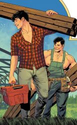 2boys artist_request black_hair clark_kent dc dc_comics dilf farm farmboy farmer father father_and_son jon-el jonathan_kent kal-el kryptonian light-skinned_male male male_only muscular muscular_male smile superboy superboy_(jonathan_kent) superman superman_(clark_kent) superman_(series)