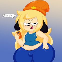 1girls 3barts anthro bean_smile beanie blonde_hair blue_clothing bulge canine dialogue dog dog_ears femboy girly looking_at_viewer parappa parappa_the_rapper parappa_the_trappa phone solo sony_interactive_entertainment talking_to_viewer text text_bubble thick_thighs wide_hips