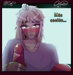 austria_(countryhumans) blush clothing countryhumans long_hair masturbation mexico_(countryhumans) spanish_text text white_hair