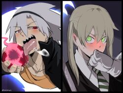 1boy 1girls blush cardigan gloves jacket kurenaiz1 maka_albarn saliva seductive_look seductive_mouth sharp_teeth shocked soul_eater soul_eater_evans tagme tie transformation white_hair