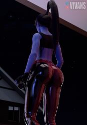 1girls 3d alternative_costume amelie_lacroix ass blender blizzard_entertainment blue_body blue_skin bottle female female_only gloves latex latex_legwear looking_at_viewer night_sky overwatch overwatch_2 revealing_clothes seductive seductive_pose solo tattoo vivans wide_hips widowmaker yellow_eyes