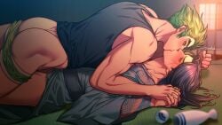 2boys ass big_muscles black_hair black_shirt blush brother brown_eyes floor gay genji green_hair half-dressed hanzo hanzo_shimada incest kimono kissing long_hair male male_only muscles nkraae on_bottom on_top overwatch uncensored underwear yaoi young_genji young_hanzo