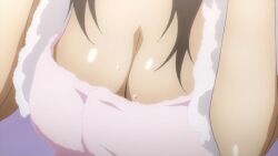 breasts brown_hair cleavage dark_hair infinite_stratos pink_towel screencap screenshot shinonono_houki towel towel_wrap water_drops wet