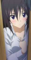 accurate_art_style blue_eyes brown_hair cleavage dark_hair grabbing_shirt hair_down infinite_stratos long_hair screencap screenshot screenshot_edit shinonono_houki shirt stitched third-party_edit wet wet_hair white_shirt