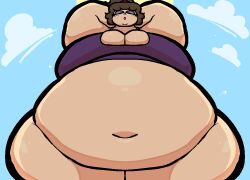 1girls 2023 2d 2d_animation animated arms_behind_head bbw belly belly_button breasts brown_hair cleavage fat fat_female female female_only finity_(lachevite) lachevite navel obese obese_female original ponytail solo sweat worms-eye_view