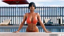 1girls 3d abs beeg3d bikini black_eyes black_hair dark-skinned_female egyptian egyptian_female female female_focus female_only fit_female front_view looking_at_viewer muscular muscular_female orange_bikini overwatch pharah pool poolside short_hair smile smiling solo solo_female solo_focus tattoo thick_thighs thighs wet wet_body wet_skin