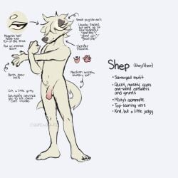 1:1 aardwolfz anthro balls canid canine canis circumcised domestic_dog english_text fur furry genitals hair hair_over_eyes hi_res male mammal model_sheet penis pink_penis pubes red_eyes shep_(aardwolfz) solo text white_body white_fur