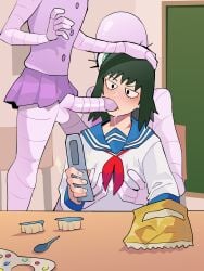 absurdres alien alien_(mob_psycho_100) breast_grab cellphone chalkboard diforland fellatio female grabbing grabbing_from_behind highres holding holding_phone indoors kurata_tome mob_psycho_100 oral penis phone sailor_collar school_uniform serafuku shirt table white_shirt