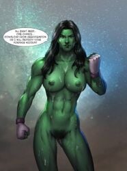 1girls abs artist_request big_breasts black_hair breasts cum cum_covered english_text female female_only fingerless_gloves fourth_wall gloves green_skin hairy_pussy hulk_(series) marvel marvel_comics muscles muscular muscular_female naked naked_female nude nude_female pubes pubic_hair she-hulk solo speech_bubble tagme_(artist) talking_to_viewer text unknown_artist