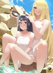 2girls age_difference akari_(pokemon) bathing blonde_hair blue_hair breast_size_difference breasts cynthia_(pokemon) female hair_over_one_eye hot_spring huge_breasts kaos_art light-skinned_female light_skin long_hair medium_breasts nintendo onsen outdoor_bathing outdoors pokemon pokemon_dppt pokemon_legends:_arceus thighs washing_hair wet wet_body yuri