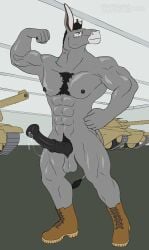 2022 5_fingers abs absurd_res animal_genitalia animal_penis anthro asinus balls black_hair black_penis bodily_fluids body_hair boots boots_only brown_eyes chest_hair clothing colonel_fontinner donkey equid equine equine_genitalia equine_penis erection fingers flexing flexing_bicep footwear footwear_only genital_fluids genitals graventhax grey_body hair hi_res male mammal mostly_nude nipples penis precum scar solo tank vehicle watermark