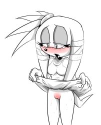 anthro black_and_white_and_red blush bottomless dress_lift heavy_breathing lifted_by_self littledog open_mouth pussy pussy_blush pussy_juice pussy_juice_trail solo sonic_(series) sonic_oc zirak_the_echidna