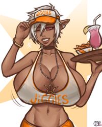 1girls breasts choker cleavage colette_belrose dark-skinned_female elezen elf_ears final_fantasy final_fantasy_xiv huge_breasts jiggles looking_at_viewer midriff motion_lines necklace pointy_ears raiounsfw red_eyes solo waitress white_hair wink winking_at_viewer