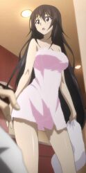 accurate_art_style blue_eyes brown_hair dark_hair hair_down infinite_stratos long_hair out_of_shower pink_towel screencap screenshot screenshot_edit shinonono_houki stitched towel towel_only towel_wrap